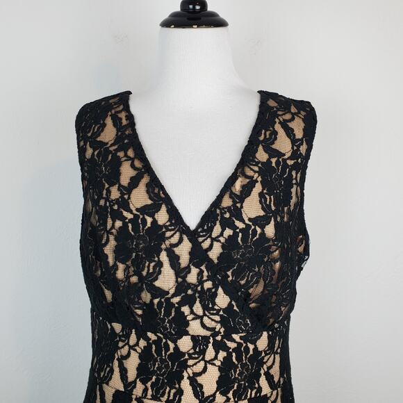 Newport News Dress Floral Lace Mesh Midi Cocktail Formal Romantic Black Cream - Picture 5 of 13